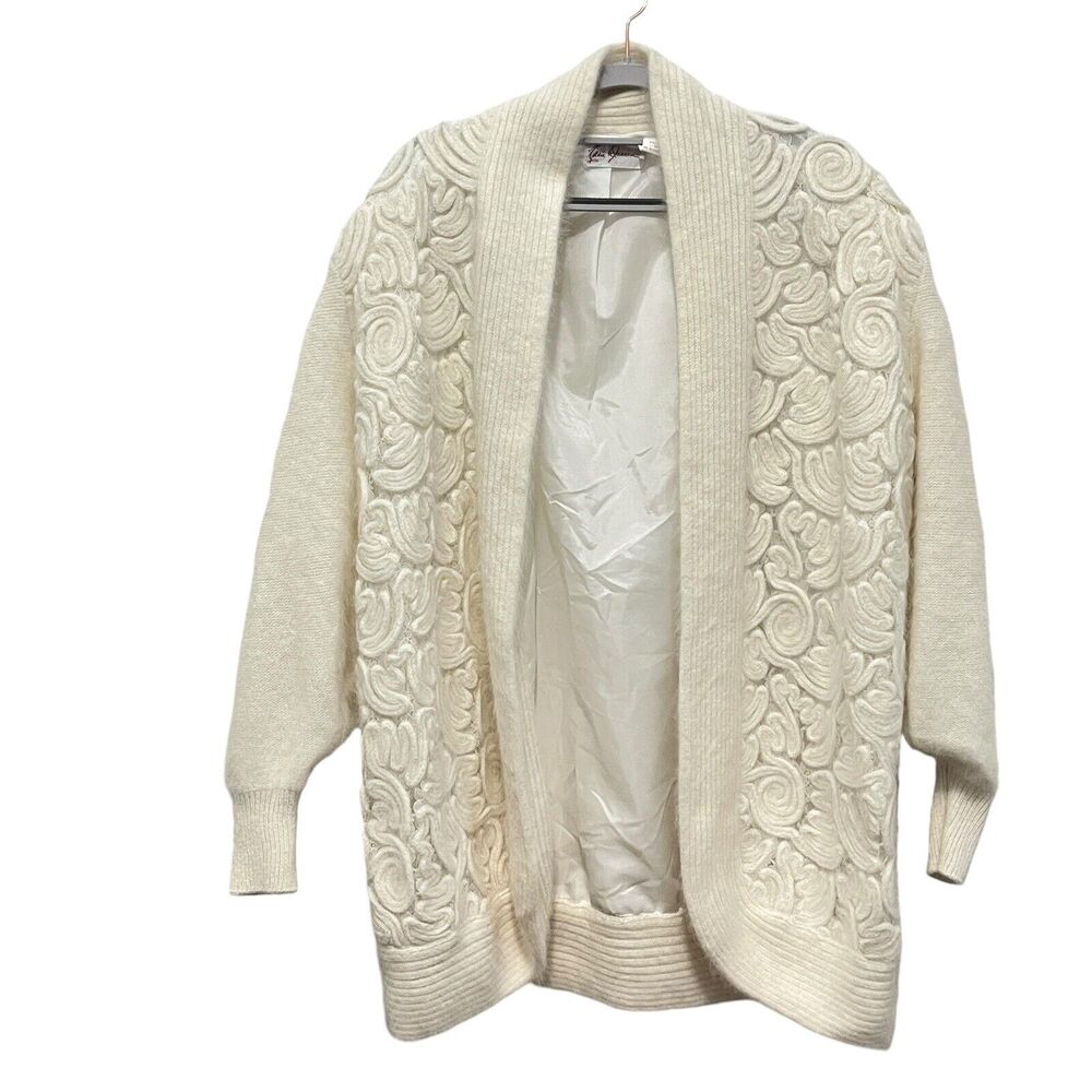 Eddie Dassin Cardigan Women SZ Small Cream Angora Blend Oversized Rosettes Lined